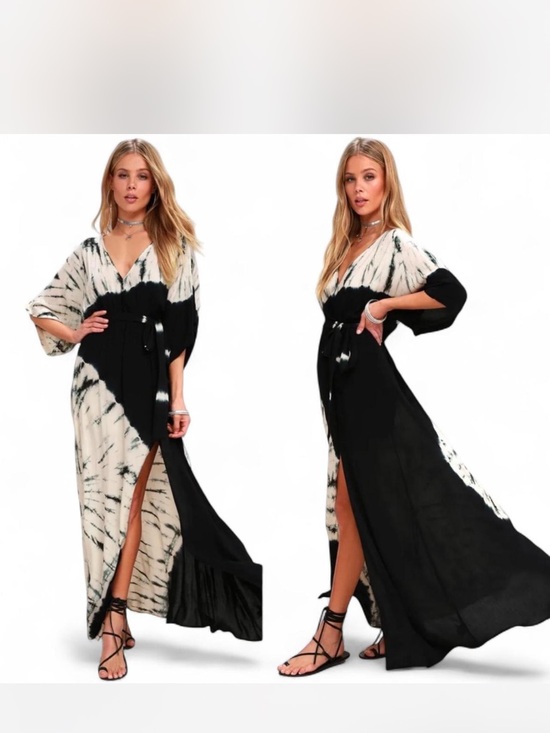 Lulus Dresses & Skirts - Lulu's Black & Cream Tie-Dye Wrap Maxi Dress
